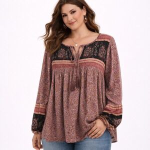 Grace + Karma Floral Peasant Tunic Top XL Boho Smocked Tassel Tie Blouse